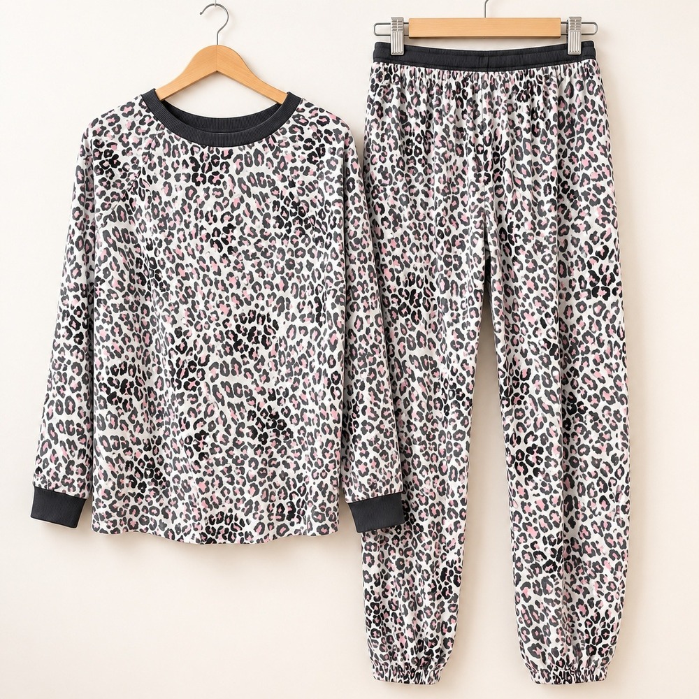 c Leopardcore Pajama Set Womens XL Pink Gray 2 Pc Lounge Y2K Coquette